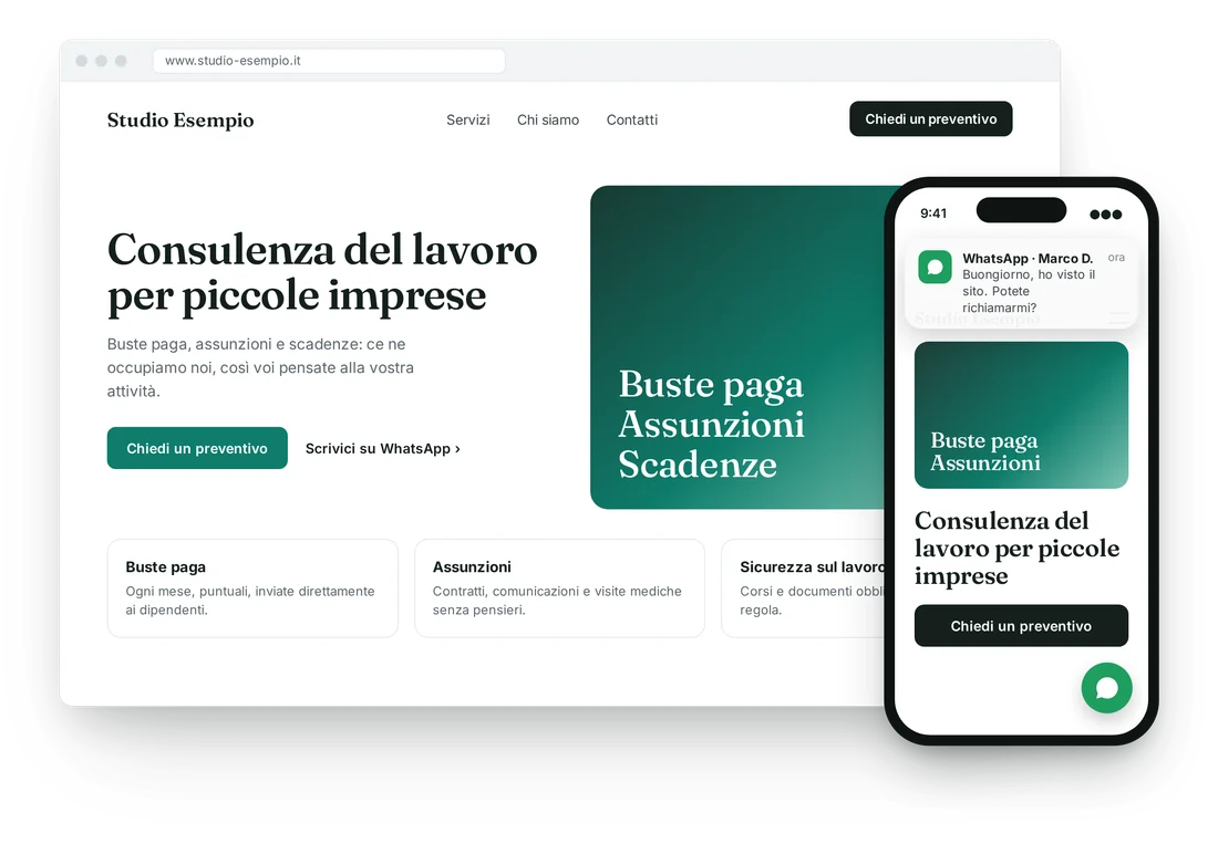 Esempio di sito web di uno studio, su computer e su telefono, con un messaggio WhatsApp appena arrivato da un visitatore.